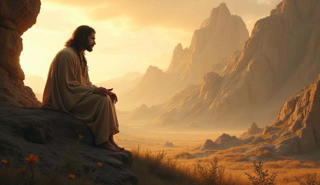 A reflective scene set in an ancient, serene environment, depicting a life before the arrival of Cain—a life filled with hope and simplicity, where the connection with God and creation was the core of existence. In the foreground, a figure is deep in thought, surrounded by the natural beauty of their world, symbolizing a time of purity and divine connection. The atmosphere is peaceful, with soft light illuminating the scene, capturing the sense of introspection and the realization of the importance of choices and their impact on the future. The backdrop shows a vast, untouched landscape, symbolizing the innocence and harmony that once was, as the figure reflects on the lessons of the past and the ever-present pursuit of God's purpose in every moment of life.