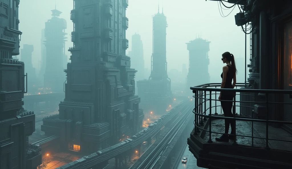 a GIRL with black sunglasses, a balcony of a futuristic building, aerial view of an ultra-futuristic megalopolis, many metal buildings and houses in dark colors from dark blue to black, a cidade tem tons de cinza metal, has smoky metal structures , industrial environment with smoke and fog around, carros escuros nas ruas, desert megalopolis, trilhos e trens modernos de de metal passando estre as ruas da cidade, tall futuristic metal buildings, many ultra modern buildings around, realistic, detailed, Science fiction