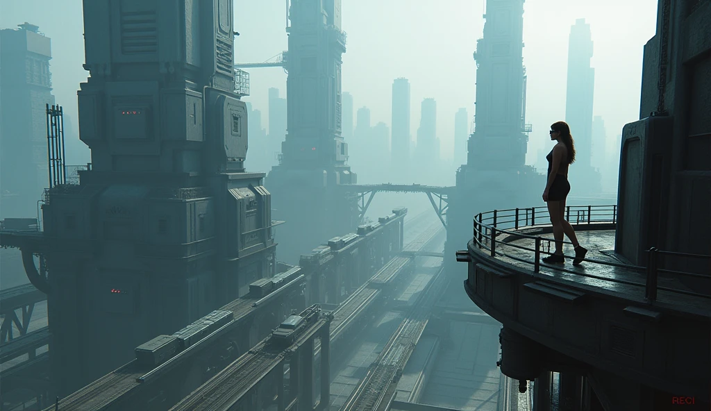 a GIRL with black sunglasses, a balcony of a futuristic building, aerial view of an ultra-futuristic megalopolis, many metal buildings and houses in dark colors from dark blue to black, a cidade tem tons de cinza metal, has smoky metal structures , industrial environment with smoke and fog around, carros escuros nas ruas, desert megalopolis, trilhos e trens modernos de de metal passando estre as ruas da cidade, tall futuristic metal buildings, many ultra modern buildings around, realistic, detailed, Science fiction