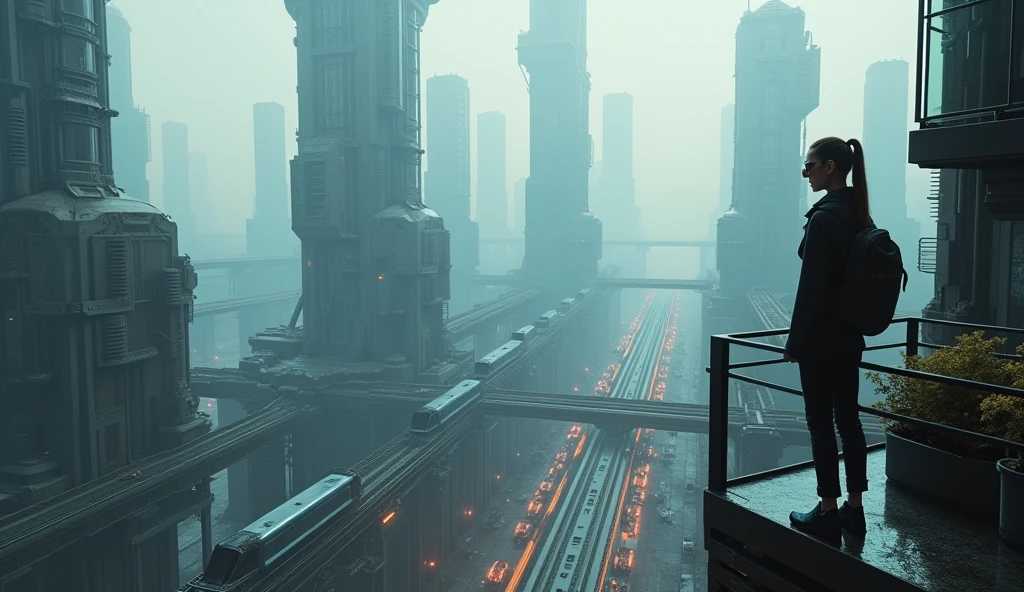 a GIRL with black sunglasses, a balcony of a futuristic building, aerial view of an ultra-futuristic megalopolis, many metal buildings and houses in dark colors from dark blue to black, a cidade tem tons de cinza metal, has smoky metal structures , industrial environment with smoke and fog around, carros escuros nas ruas, desert megalopolis, trilhos e trens modernos de de metal passando estre as ruas da cidade, tall futuristic metal buildings, many ultra modern buildings around, realistic, detailed, Science fiction