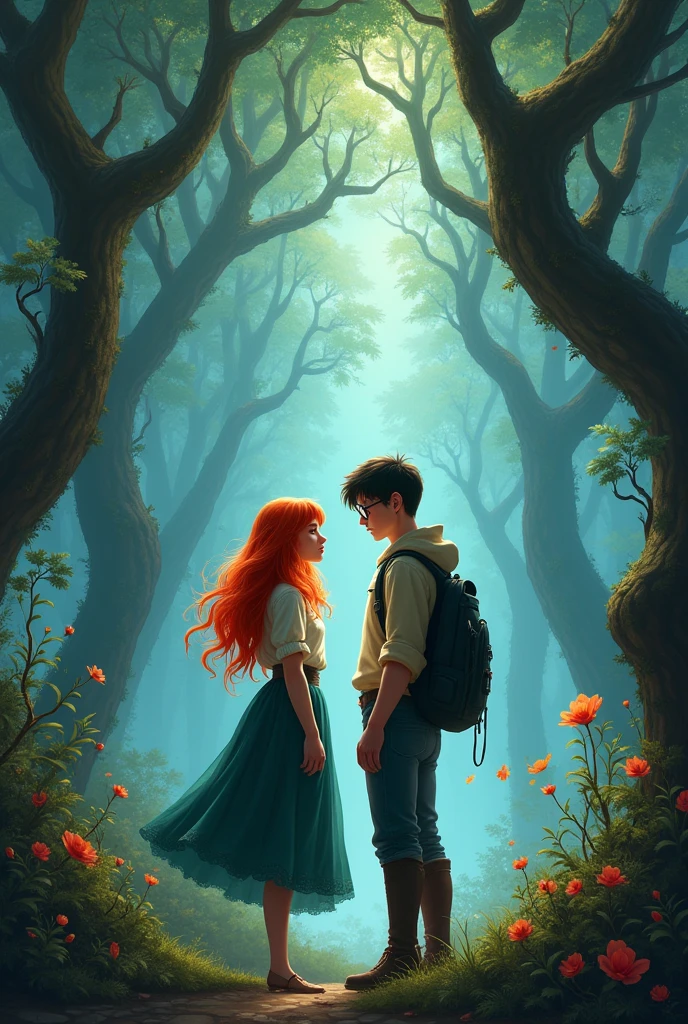 Young redheaded woman next to a young man with black hair and glasses in a mysterious forest in a fantasy rpg world