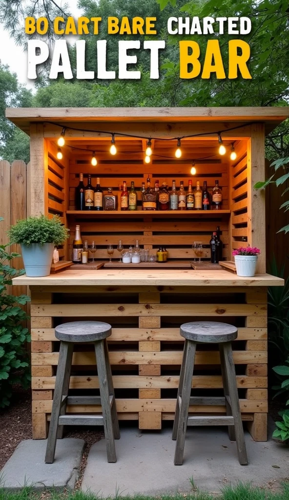 Generate an image of a rustic outdoor bar area made entirely from wooden pallets. The bar should have a pallet counter with stools made from pallets, surrounded by hanging string lights for a festive atmosphere. Behind the bar, include shelves made from pallets, displaying bottles, glasses, and small potted plants. The setting should be in a cozy backyard with greenery and a wooden fence in the background. Add bold, uppercase text at the top that reads ‘BUILD YOUR OWN PALLET OASIS’ and at the bottom that reads ‘ENTERTAIN IN STYLE,’ using a mix of white and yellow fonts for emphasis.