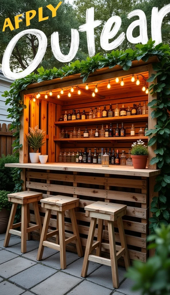 Generate an image of a rustic outdoor bar area made entirely from wooden pallets. The bar should have a pallet counter with stools made from pallets, surrounded by hanging string lights for a festive atmosphere. Behind the bar, include shelves made from pallets, displaying bottles, glasses, and small potted plants. The setting should be in a cozy backyard with greenery and a wooden fence in the background. Add bold, uppercase text at the top that reads ‘BUILD YOUR OWN PALLET OASIS’ and at the bottom that reads ‘ENTERTAIN IN STYLE,’ using a mix of white and yellow fonts for emphasis.
