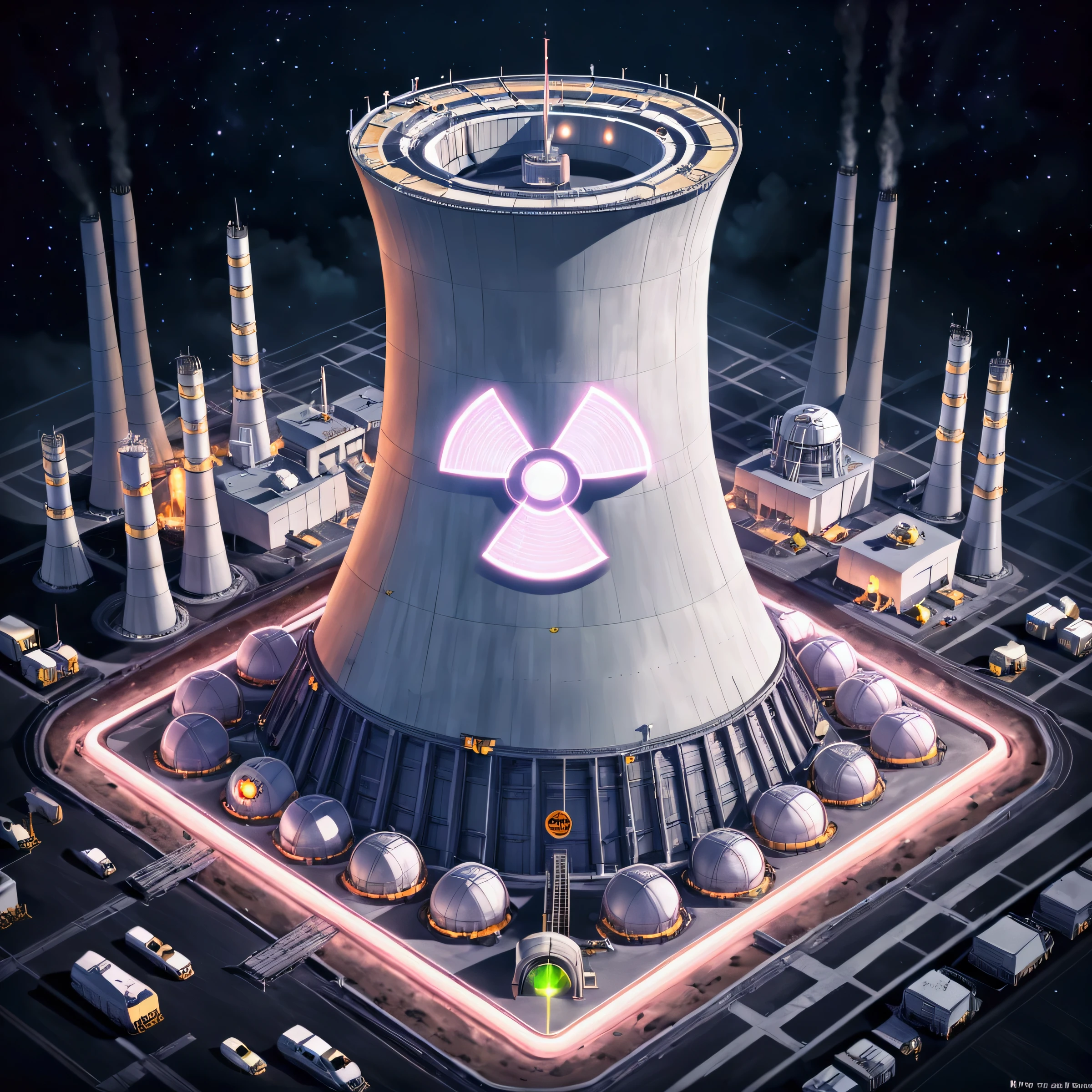 arafed nuclear power plant with a neon sign on top of it, nuclear reactor, nuclear energy future, nuclear powered, nuclear power, nuclear, nuclear power plant, nuclear waste, post-nuclear, nuclear art, nuclear fallout, reactor, nuclear fashion, nuclear background, post nuclear fallout, nuclear wasteland, reactor core, nuclear fusion, radioactivity particles, radioactivity