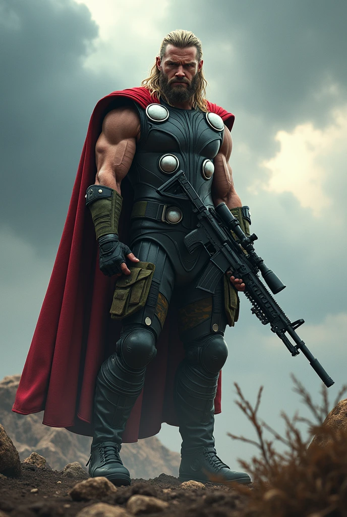 Thor wear miletry colour costume and holding a sniper gun