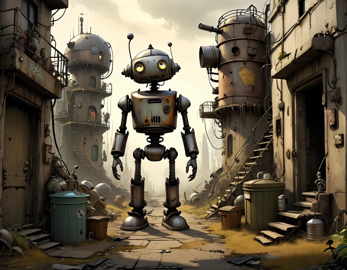 Create a full-body 3D-inspired image of a dystopian future cartoon character Josef from the 2009 game Machinarium. The character should be pathetic, blasé, and funny, thinkful but clumsy, with detailed original robotic features in a labyrinthine city, with lots of metal structures, columns, doors, stairs going up and down, scrap metal scattered around, and trash cans full of junk, surreal textures, and dynamic lighting that enhance the atmospheric, retro-futuristic setting. The environment should be menacing and mysterious, yet calm and playful. calm and bucolic composition, samorost and machinarium style cartoon
