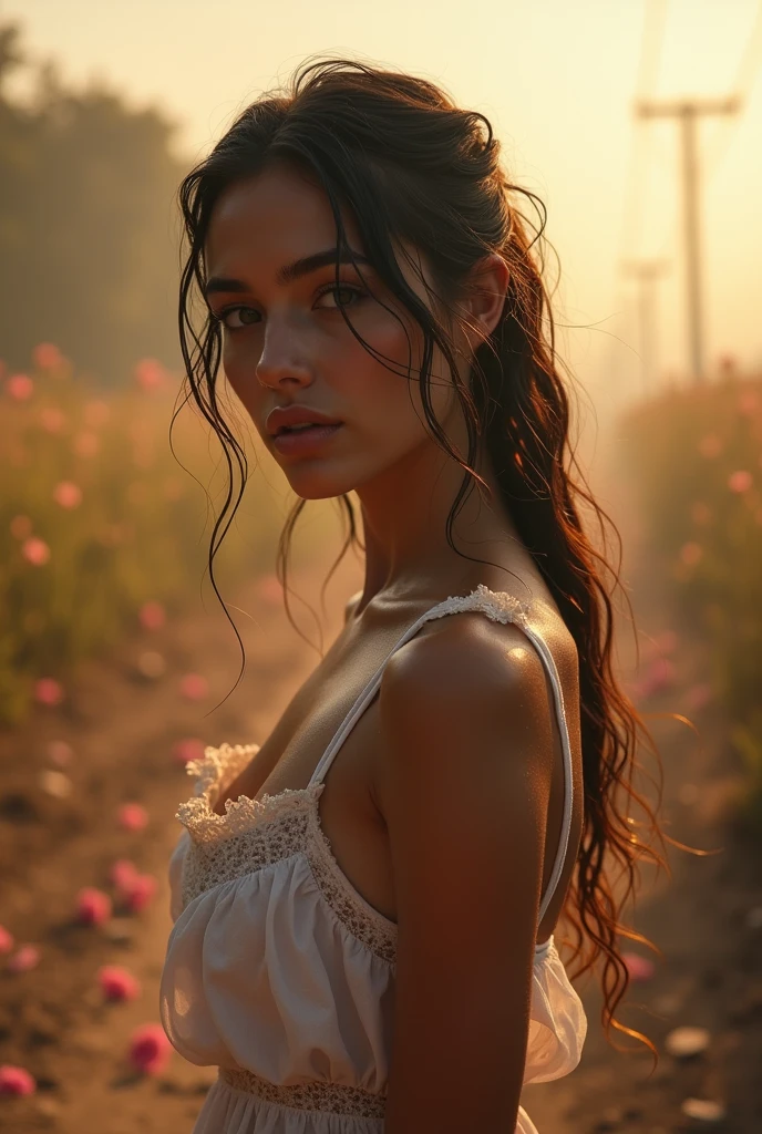 gorgeous young shy woman, french, dusty highway, flowers in wind, fog, haze, sweaty, dripping, hot girl, humid, wet hair, victorian lingerie, sexy nightgown, showing clevage, rose petals, beautiful face, sunlit, covered in flowers and petals, godrays, cozy, wet skin, morning dew, backlighting, hazy, golden hour, morning light, erotic mood, alone, countryside, shy, masterpiece, best quality, ultra-detailed, solo, smoke, shadows, contrast, close-up, cinematic light, side lighting, ultra high resolution, best shadow, RAW, 4k, sexy, cleavage