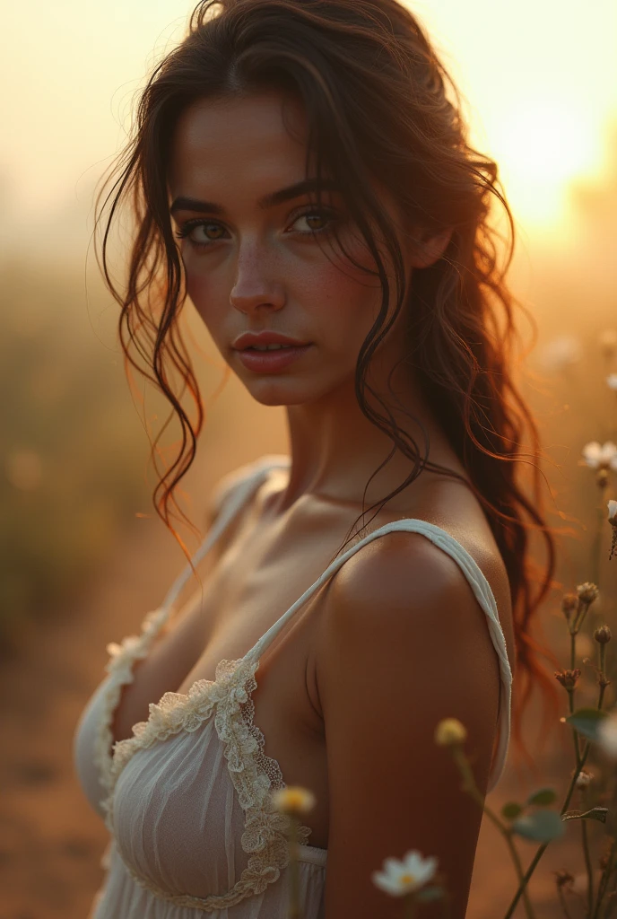 gorgeous young shy woman, french, dusty highway, flowers in wind, fog, haze, sweaty, dripping, hot girl, humid, wet hair, victorian lingerie, sexy nightgown, showing clevage, rose petals, beautiful face, sunlit, covered in flowers and petals, godrays, cozy, wet skin, morning dew, backlighting, hazy, golden hour, morning light, erotic mood, alone, countryside, shy, masterpiece, best quality, ultra-detailed, solo, smoke, shadows, contrast, close-up, cinematic light, side lighting, ultra high resolution, best shadow, RAW, 4k, sexy, cleavage