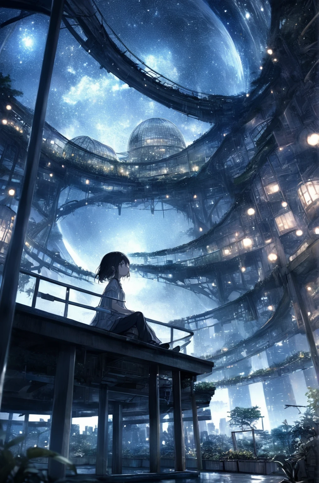 Highest quality, masterpiece, Very detailed, Detailed Background, anime, One girl, Young girl, Short girl, sf, sf, Outdoor, night, Starry Sky, greenhouse, huge structure, Biodome, Wind景, scenery, horizon, rooftop, sitting on rooftop, Wind, avert your eyes, Atmospheric lighting, Focus Only, close, From the side, Depth of written boundary, Bokeh