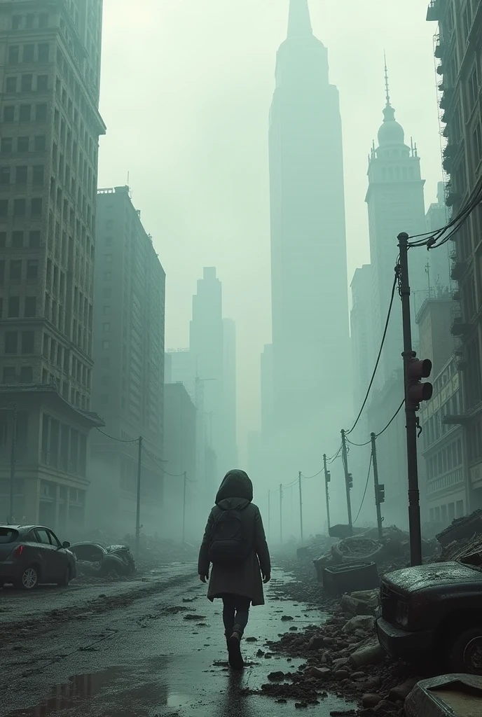 aerial image of a post-apocalyptic North American megalopolis, view of the entire city with many buildings and houses, the city has shades of gray, has smoky structures, environment with smoke and fog around, abandoned and rusty cars on the streets, desert megalopolis, tall buildings collapsing to the ground, Nuclear disaster, There are posts and traffic lights fallen on the street, crashed and upside down cars and buses, There is a leaning building collapsing on the street, many destroyed buildings around, THERE IS A GIRL DRESSED IN A HOOD WALKING DOWN THE STREET, she is walking , as realistic as possible, as detailed as possible