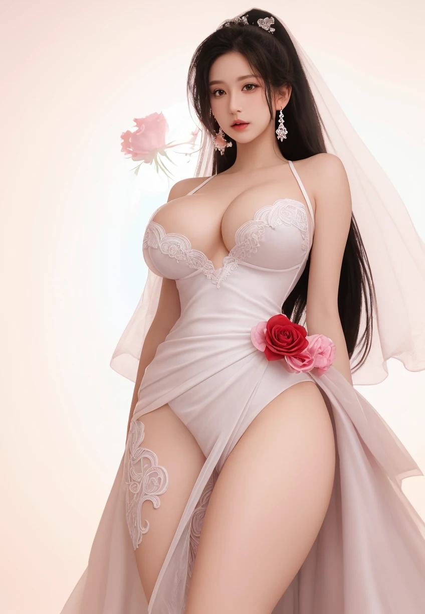 close up,solo, MaiShiranui, Mesh pantyhose, high heels, wristband, earrings, cross necklace,  bangs, black hair, blunt bangs,(Translucent and damp wedding dress :1.5), ( gigantic breasts:1.4), lips, long hair, moles under the mouth, purple eyes, slightly dilated lips, smile, wet skin, Wet hair,  shame,Standing amidst the falling cherry blossoms,(rose_tattoos:1.2), (masterpiece: 1.4), (best quality: 1.4), real-life portrait photography, looking at the viewer,5-Fingers,Center,Full body,