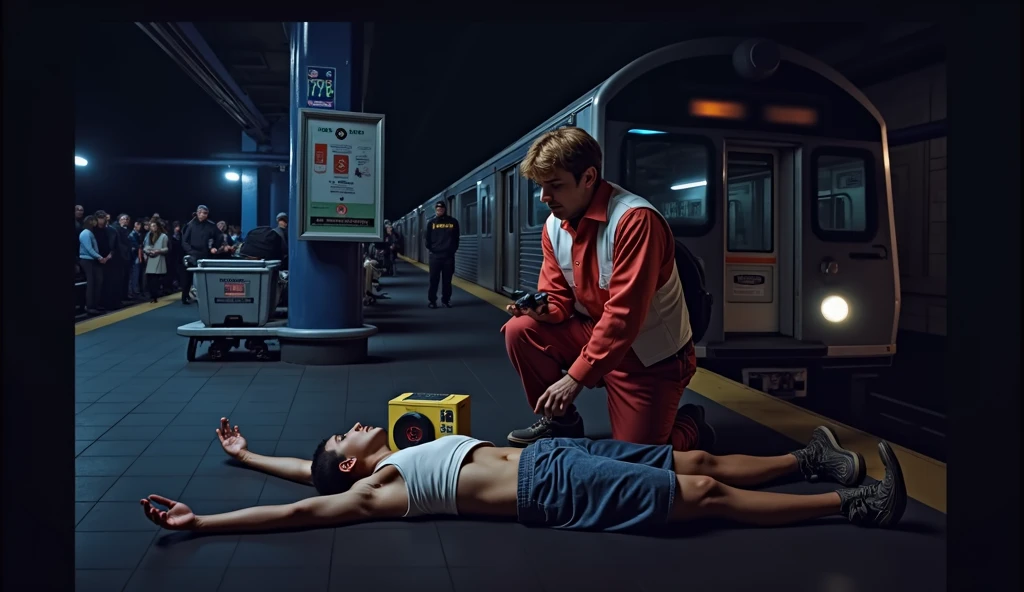 Scene at subway station,A subway train passing by in the background,Someone in front is using an AED to rescue the person lying down