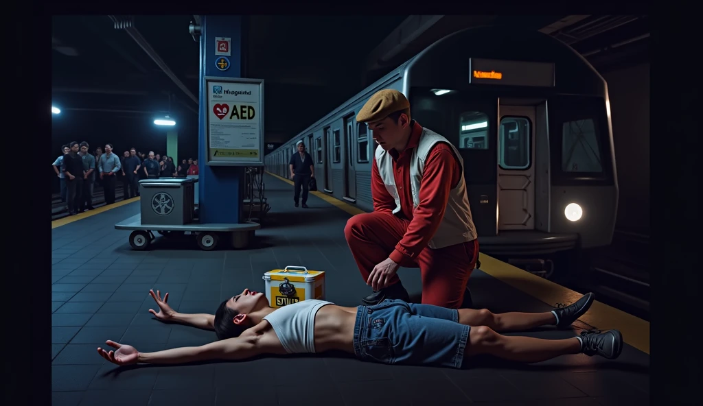 Scene at subway station，A subway train passing by in the background，Someone in front is using an AED to rescue the person lying down