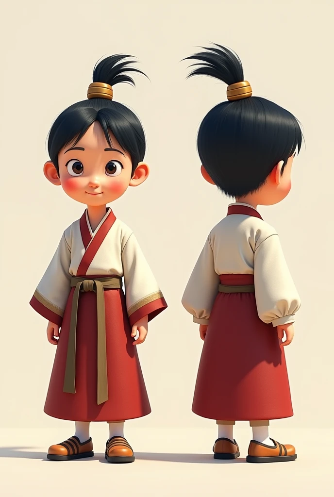 Create a two-part image of the front and back views of a Pixar-style character design.. The character trait is that of a Korean boy warrior., He has black hair and a topknot., He has a playful and lively impression., The clothes are Hanbok, a traditional Korean costume., The style of Hanbok is not too flashy and is rather plain., The shoes are called hwa, which is a traditional Korean shoe.. 그리고 이미지의 포즈는 T pose로 해줘, T pose, Design drawing style