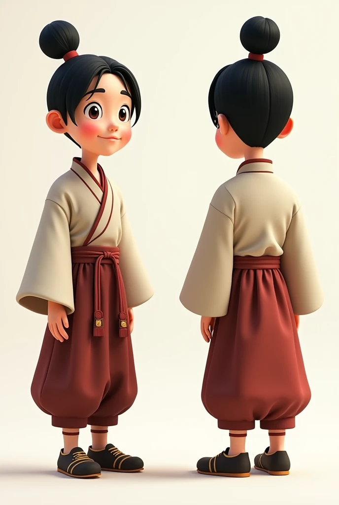 Create a two-part image of the front and back views of a Pixar-style character design.. The character trait is that of a Korean boy warrior., He has black hair and a topknot., He has a playful and lively impression., The clothes are Hanbok, a traditional Korean costume., The style of Hanbok is not too flashy and is rather plain., The shoes are called hwa, which is a traditional Korean shoe.. 그리고 이미지의 포즈는 T pose로 해줘, T pose, Design drawing style