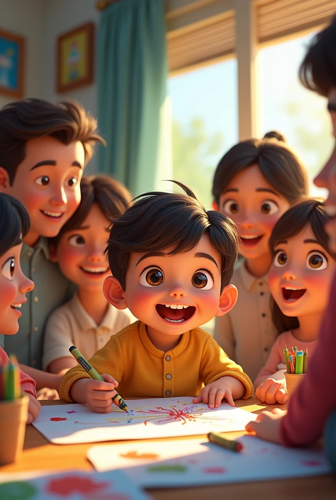 Generate an joyful animated image of a ??? or who is in drawing area of his home with his family