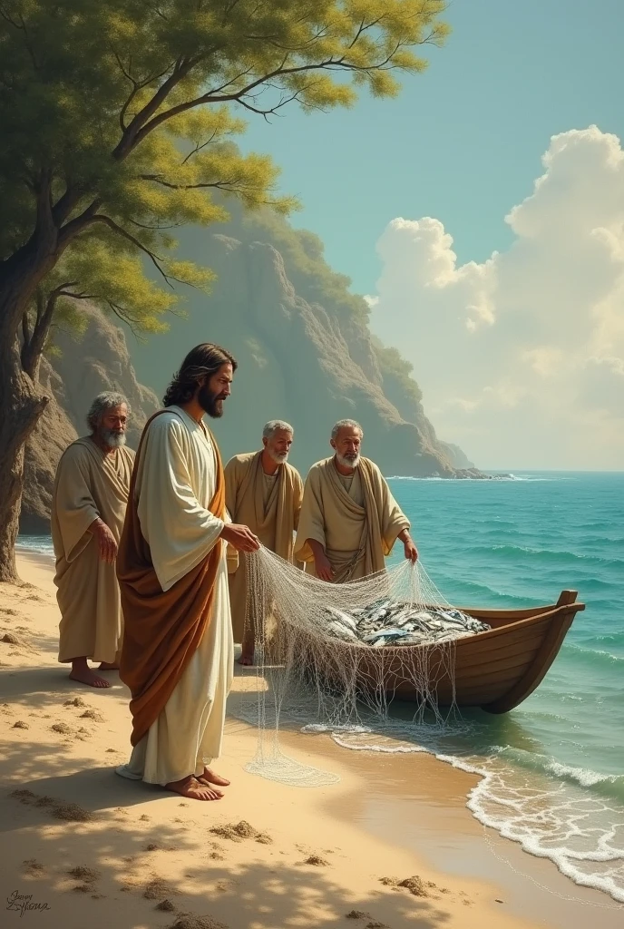 Jesus on the beach and the disciples taking the net out of the boat with many fish