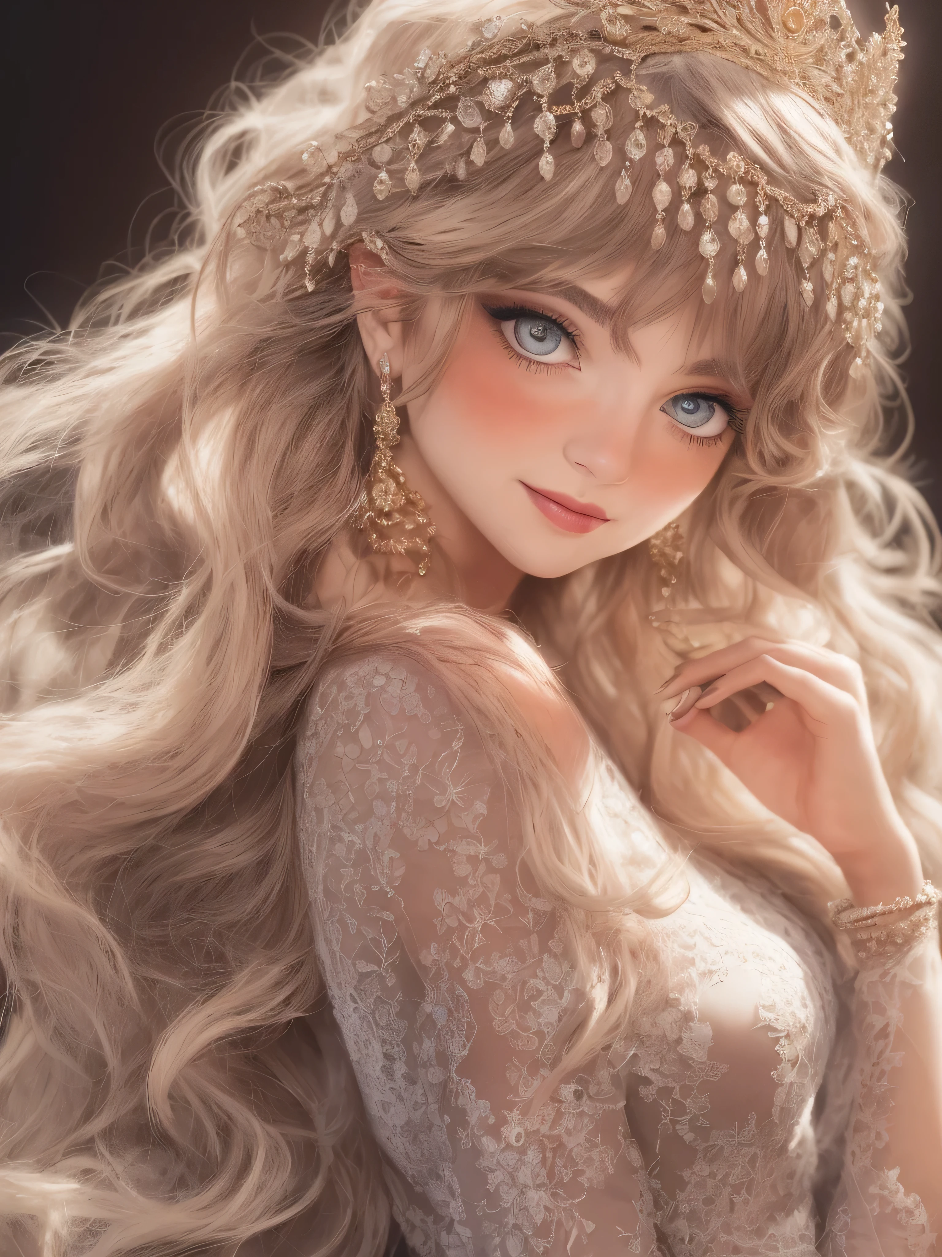 elegance versus eligance, 1girl, beautiful detailed eyes, beautiful detailed lips, extremely detailed face and portrait, delicate features, serene expression, long flowing hair, intricate jewelry, ornate headpiece, luxurious clothing, flowing gown, shimmering fabric, dramatic lighting, warm color palette, chiaroscuro, cinematic composition, photorealistic, 8k, hyper detailed, masterpiece, smiling