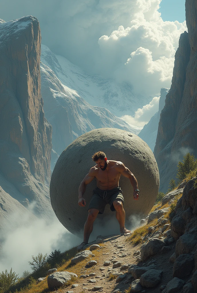 epic image of Sisyphus pushing the boulder smiling and proud