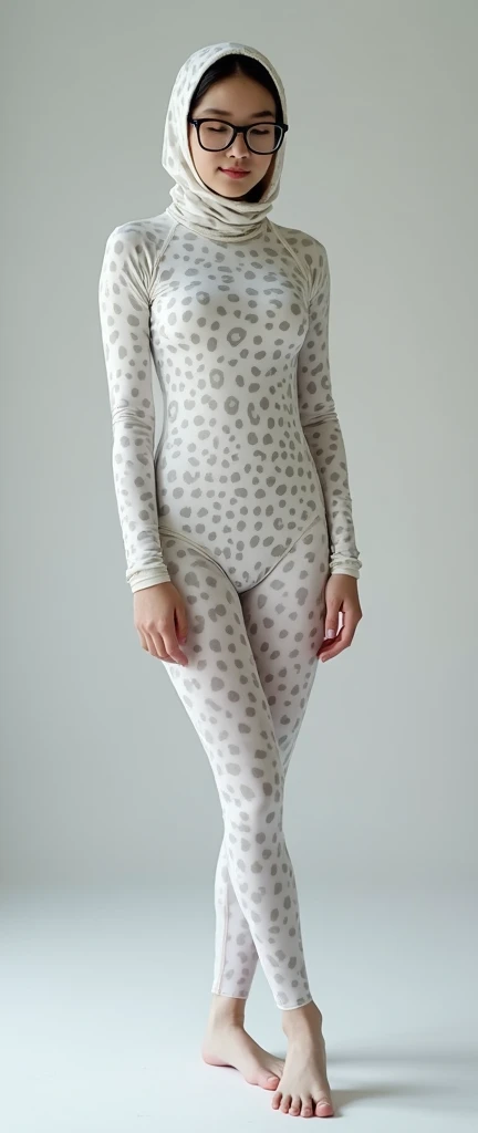 a beautiful and thin Asian and malaysian muslim adult girl with a shiny and beautiful face wears white leopard print lycra turtleneck unitard catsuit covered with stripes and always wear white leopard print lycra dancewear hijab covered with stripes.