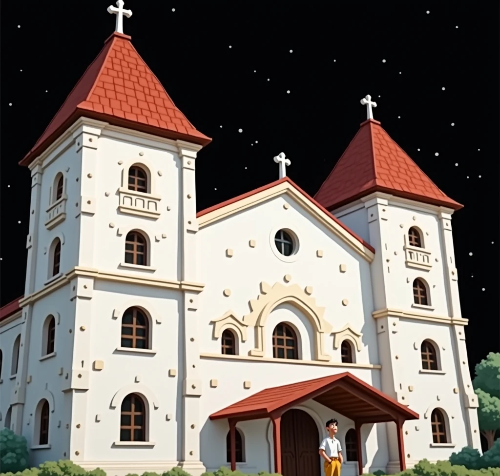 Draw man used in the tip image next to church, disney style image, background with blue sky  