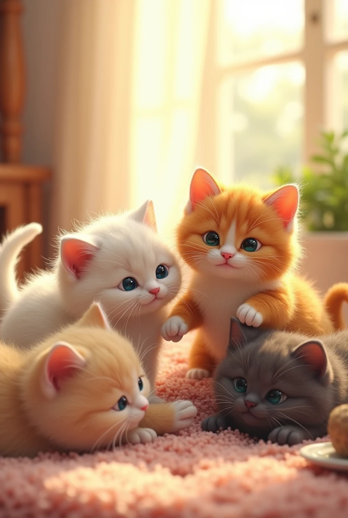 Cute cat,Several cats playing together,Soft Light,Happy atmosphere,