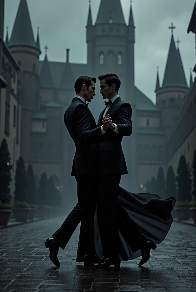 Two handsome skinny men dressed in black under the rain dancing bautiful together a black castle behind