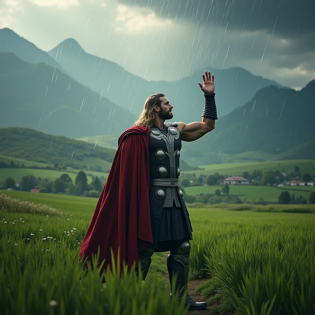 Thor, a strong god standing in a green field, Norse mythology, dressed in battle armor, the countryside of Midgard, blessing farmers and their crops with rain, with fields and mountains in the background, medium shot, hyper-realistic, photo realism, cinematography --ar 1:1