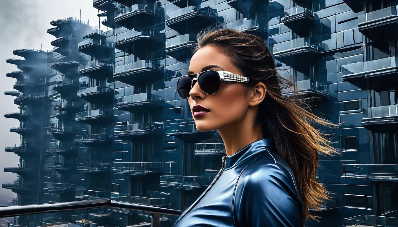 a GIRL with black sunglasses, a balcony of a futuristic building, aerial view of an ultra-futuristic megalopolis, many metal buildings and houses in dark colors from dark blue to black, a cidade tem tons de cinza metal, has smoky metal structures , industrial environment with smoke and fog around, carros escuros nas ruas, desert megalopolis, trilhos e trens modernos de de metal passando estre as ruas da cidade, tall futuristic metal buildings, many ultra modern buildings around, realistic, detailed, Science fiction