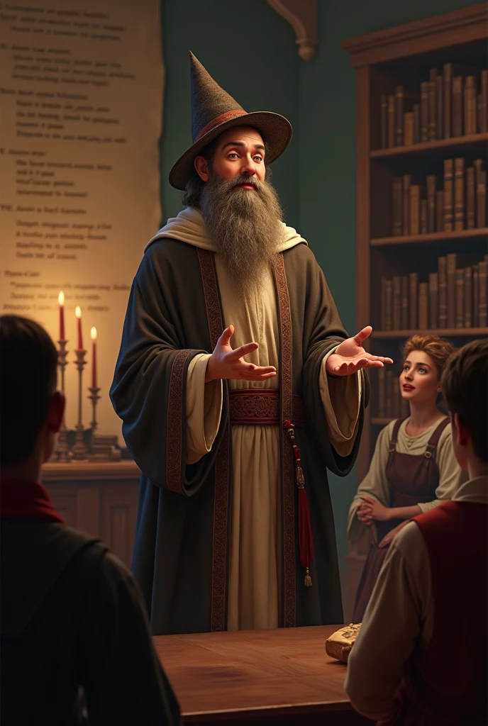 Philosopher from 1479 thanking and smiling in a classroom