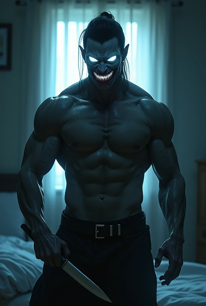 fictional scary and provocative sexy male creature with glowing white eyes has a scary smile with sharp teeth has a fit athletic physique wears no shirt is holding a knife , in the bedroom scene of cumming at night , light coming through the window , from front view , 4K , best quality , high détail , Masterpiece artwork