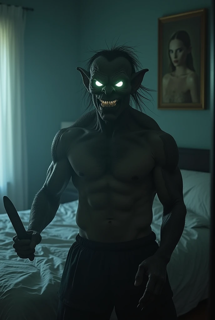 fictional scary and provocative sexy male creature with glowing white eyes has a scary smile with sharp teeth has a fit athletic physique wears no shirt is holding a knife , in the bedroom scene of cumming at night , light coming through the window , from front view , 4K , best quality , high détail , Masterpiece artwork