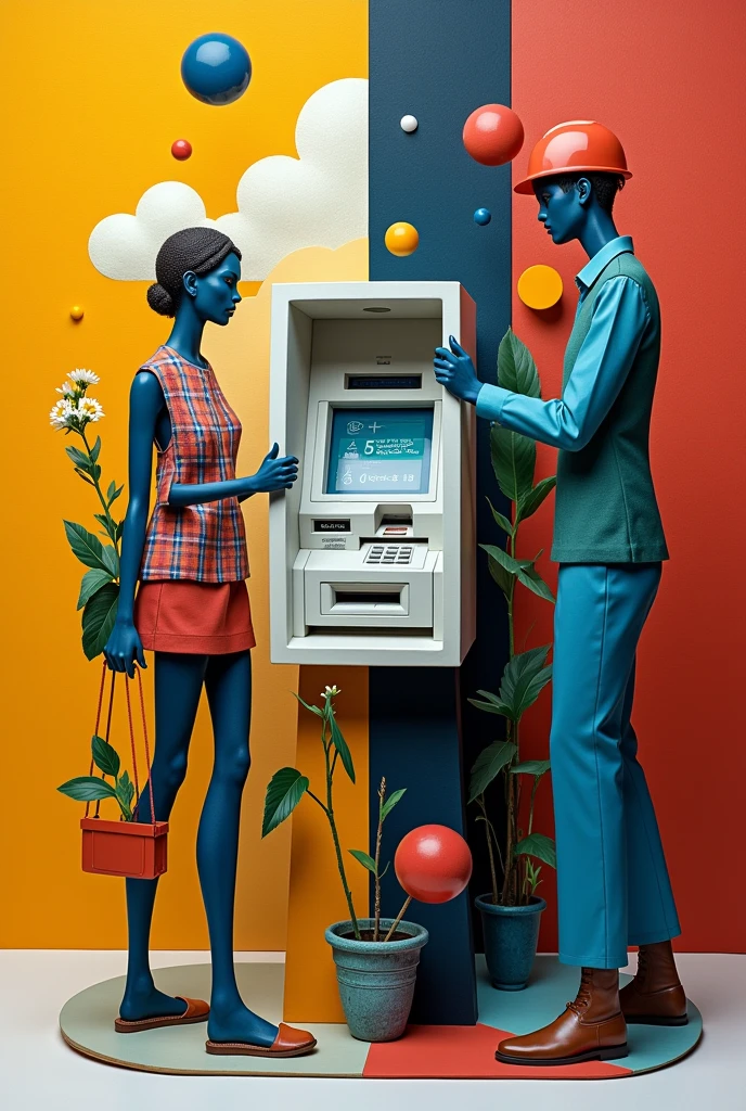 Give me a 25 cm x 25 cm stand that has to do with remittances, which is set in the avant-garde of cubism, whose main work was an ATM., I want you to represent both sides of the coin, both as the migrant and as the person who receives the money in the country of origin., better represent it in another way and put it in ATM, Don&#39;t paint people, rather use characteristic objects., but put the two faces but do not use people better divide the stabd in half and our half and half something more creative 