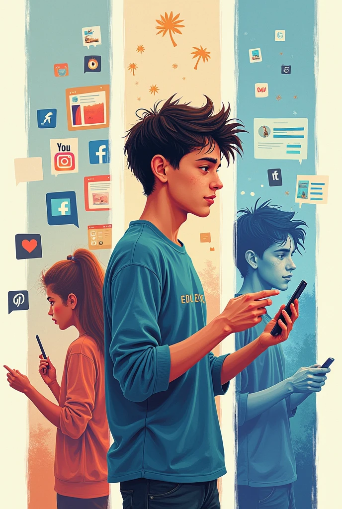 An image divided into 3 sections that shows first, a person connecting with friends on social networks, then the same person sinking into an avalanche of notifications, And finally, the same person laughing at a meme.