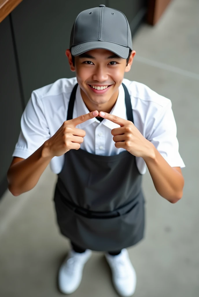 top view of a young Indonesian man,wearing a baseball cap,wearing a waiter uniform with apron,white Nike shoes, standing looking at the camera above while his hands sign Cute Korean Mini Love Saranghae Hand Sign.perfect lighting