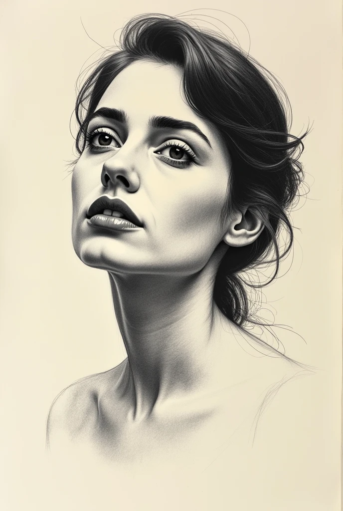 A stunning freehand sketch of a woman's portrait, masterfully rendered in conté crayon and charcoal. The subject has a thoughtful expression, the head tilted slightly, and his gaze lost in contemplation. The low contrast, faded appearance gives the portrait a nostalgic feel, with clear, blurred lines that look like they've been smudged with a finger. The subtle play of shadows and light adds depth to the sketch., showing the artist's exceptional mastery of the technique., painting-like, illustration,soft pencil marks on the skin