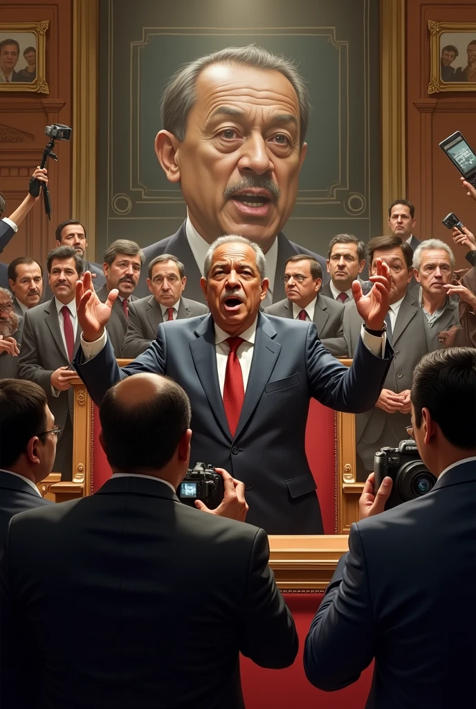  An image of the National Congress during the Mensalão crisis in 2005, with Lula appearing on a screen or poster in the background, while parliamentarians discuss intensely. The atmosphere is tense, with press cameras present and politicians gesturing energetically.