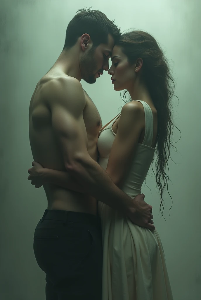 A man and a little woman, both back to back, stuck together, and their hands intertwined
