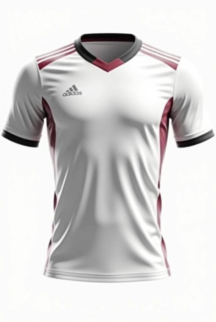 Generates a soccer jersey with a white collar and black or red edges, The shirt must have a white background and black or red secondary colors.