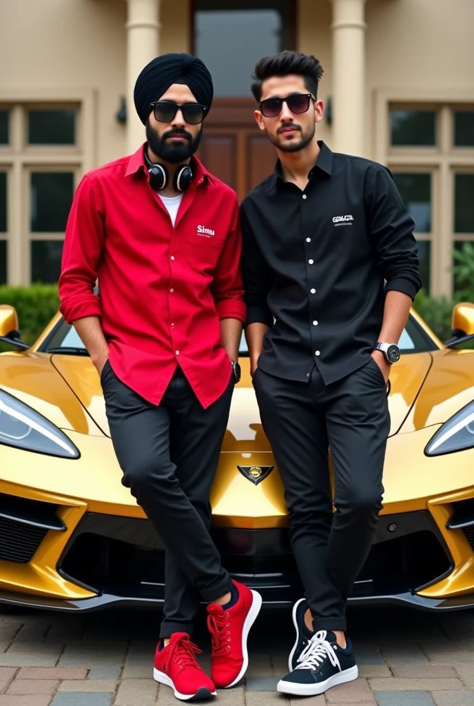 Two real 18yearold boy friends one boy sardar boy name simu and second boy cutting hair boy name gagan, are standing leaning against a golden super luxury car, and all three are wearing different , red, and "black shirts and black pants, and all two have different names on their t-shirts.It is written"Gagan,"Simu, the the shoulders of both of them and all three have a watch, sunglasses, he is very handsome, headphone, smiling, strong boys,a beautiful person in the background There is a house and real image