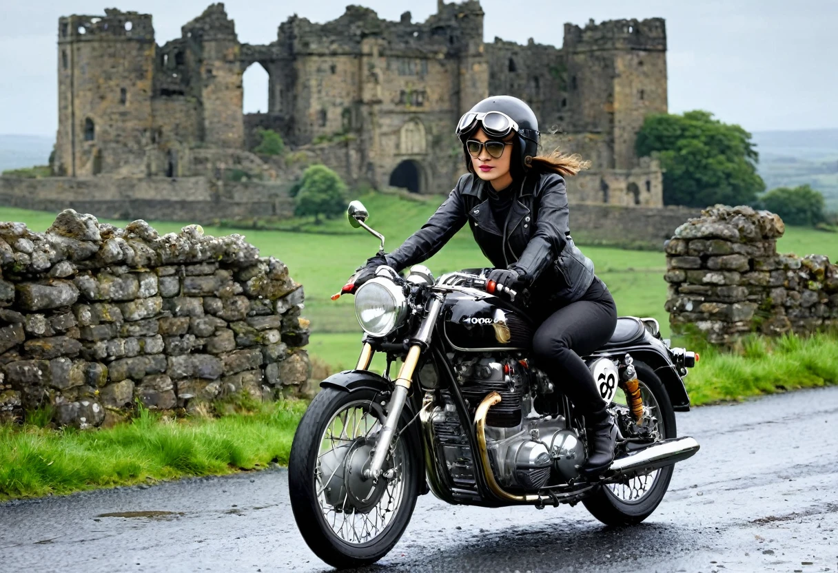 (Ride a classic motorcycle )、(Vintage Bikes、norton)、Isle of Man Races、(Souvenir photo of beautiful female rider)、(Black leather jacket)、Cromwell helmet with goggles、After the Rain、English countryside、In the distance you can see the ruins of an old castle、 Detailed Description、(Highest quality, masterpiece, High resolution)、8k、wallpaper
