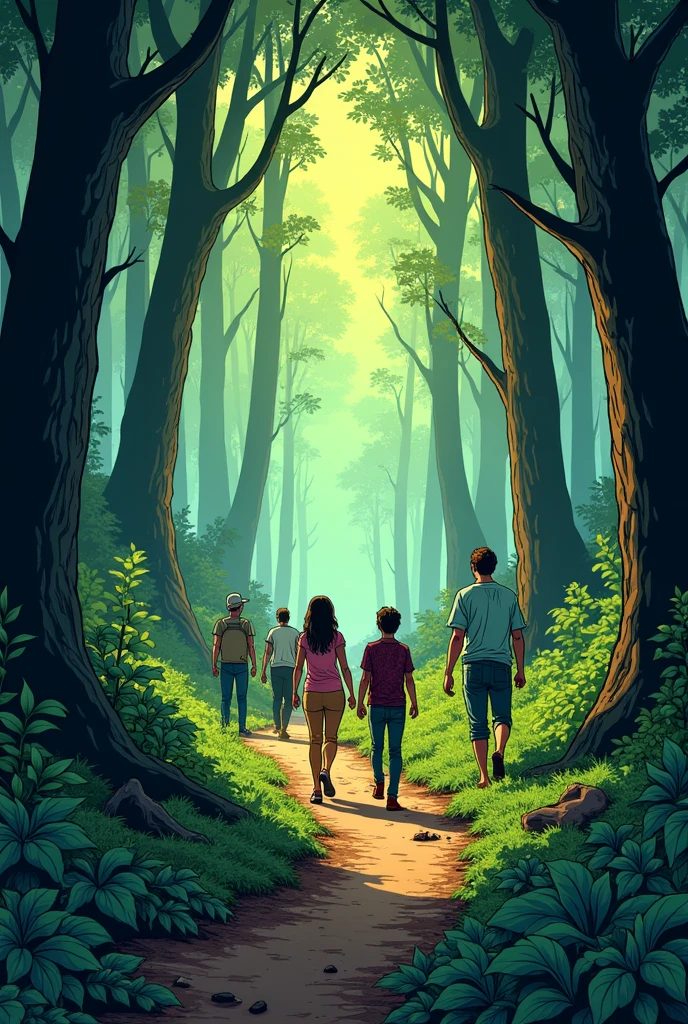 Create a comic-style image of a forest as a background. Some parents lost their daughter in the forest and several neighbors got together to help them look for the girl and several people are entering the forest.



