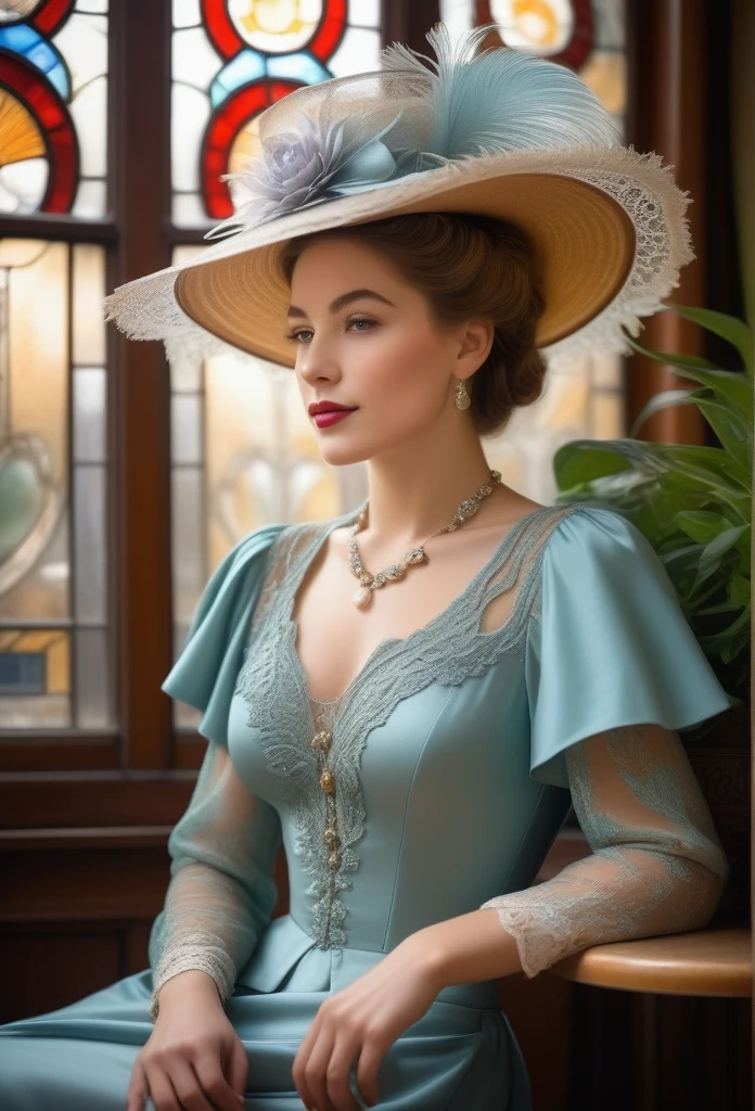 Create a portrait of an elegant woman in an early 20th-century Parisian café, embodying the Belle Époque era. She should be dressed in a sophisticated, flowing dress with intricate lace details, her hair styled in a loose updo adorned with a feathered hat. The background should reflect the art nouveau style with stained glass windows casting colorful light, wrought iron furniture, and lush indoor plants. Capture her in a moment of contemplation, with a slight smile, holding a porcelain cup. The lighting should be soft, mimicking the natural light of a cloudy afternoon, with subtle highlights to emphasize the textures of her attire and the ambiance. Use a technique that blends photorealism with a painterly touch, reminiscent of the works by Toulouse-Lautrec but with modern clarity.