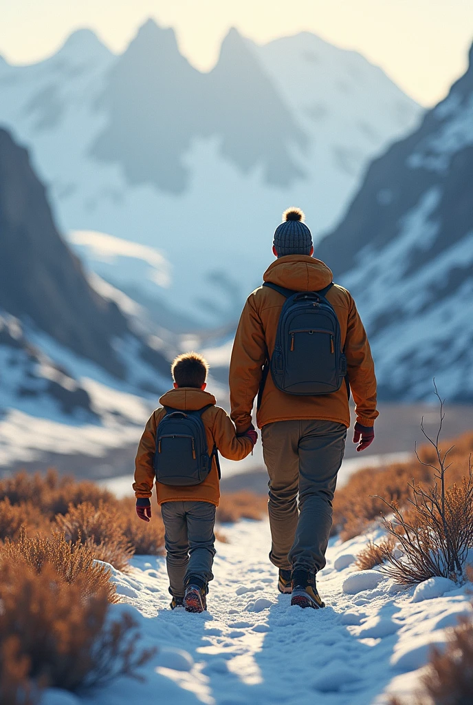 Picture of father and son having an amazing moment on father's day walking in an amazing view in Alaska