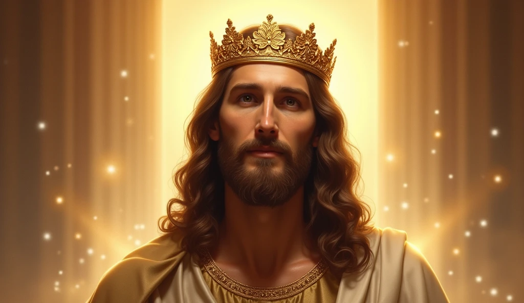 Jesus with a king's crown on his head, JesusChrist, the lord and savior, portrait of JesusChrist, Jesus of Nazareth, brilliant light masterpiece, jesus, greg olsen, king of kings, beautiful image already created, background kingdom of heaven, sua mente contemplando a eternidade, glorious light,!! with a serene look and a slight smile!