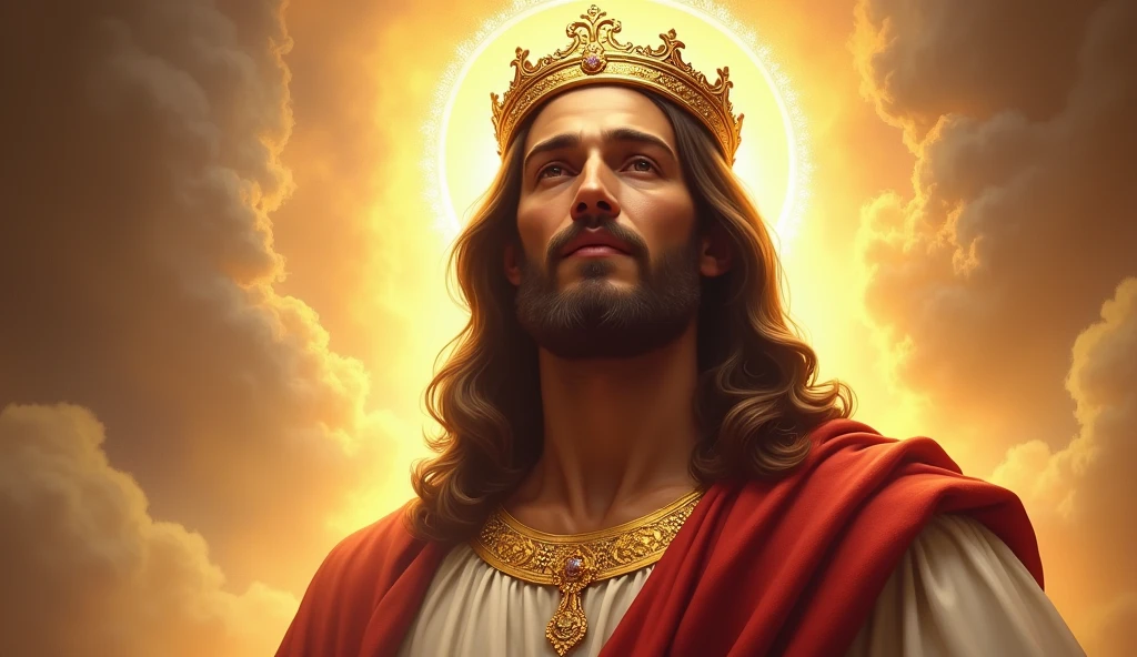 Jesus with a king&#39;s crown on his head, JesusChrist, the lord and savior, portrait of JesusChrist, Jesus of Nazareth, brilliant light masterpiece, jesus, greg olsen, king of kings, beautiful image already created, background kingdom of heaven, sua mente contemplando a eternidade, glorious light,!! with a serene look and a slight smile!
