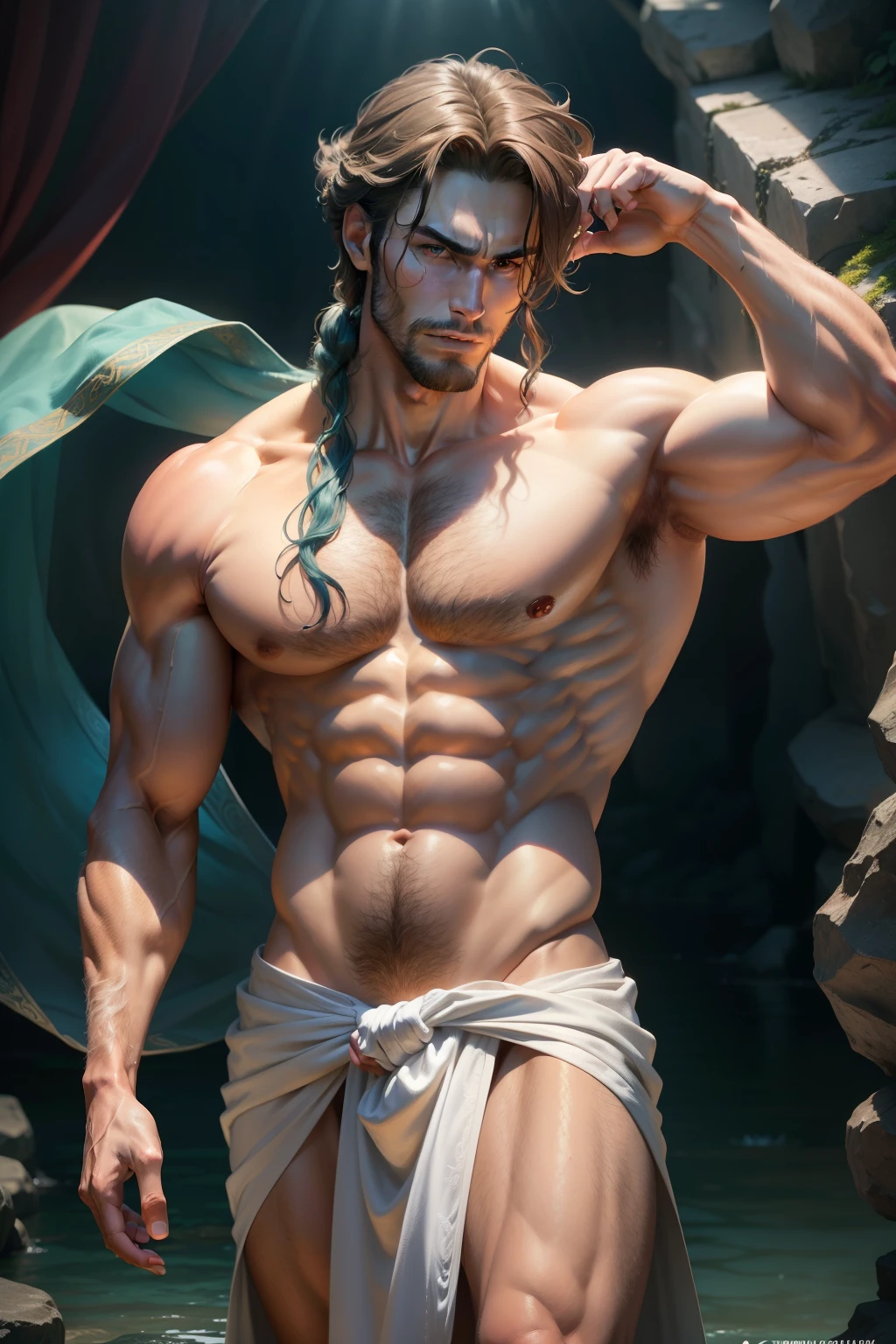 (8k,photorrealistic RAW photograph Maximum quality;1.4) (1 Korean) Super handsome king of the underworld (lifelike face) (light brown hair with blue tips , medium hair in the wind) slenderbody Hairy muscular virile and macho big pink eyes aristocratic attire without clothes Decoration of clear waters in the wind Fangs peeking out of the mouth Pointed claws a seductive gaze Beautiful expression A hyper-realistic (King of the Underworld) appealing (real looking skin) super high resolution high detail a silk towel around the hip Seductive aura emanating from the body effect without cover