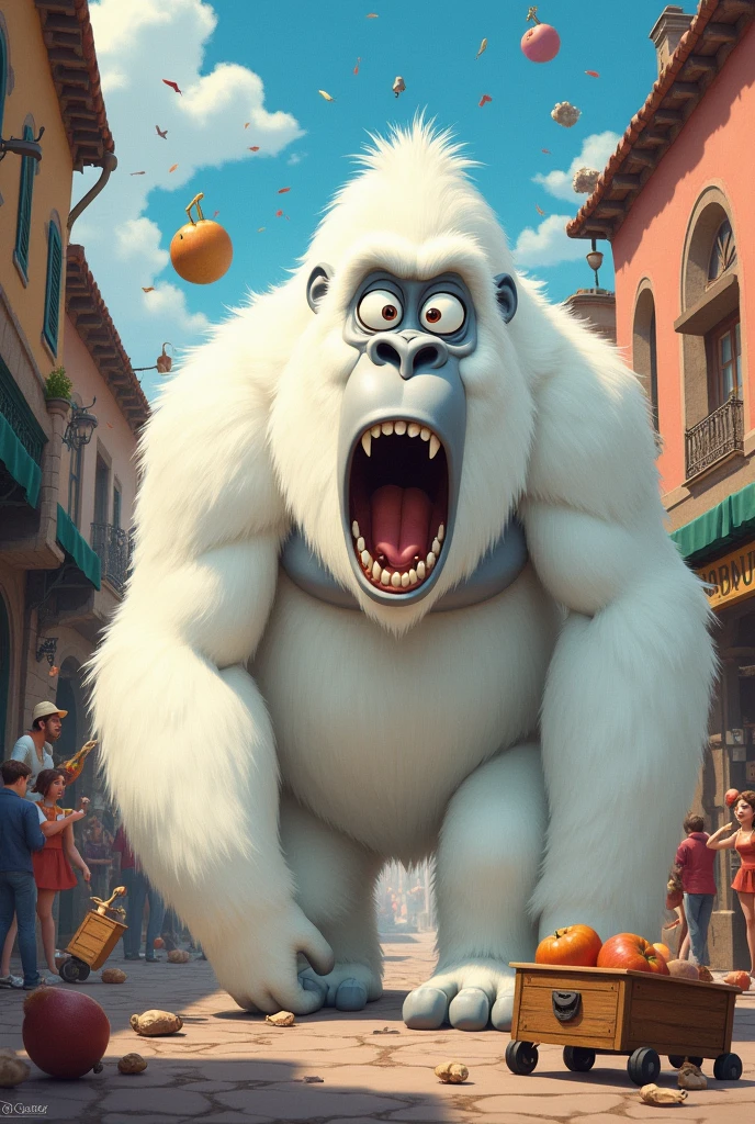 image of a disney style white gorilla in chaos