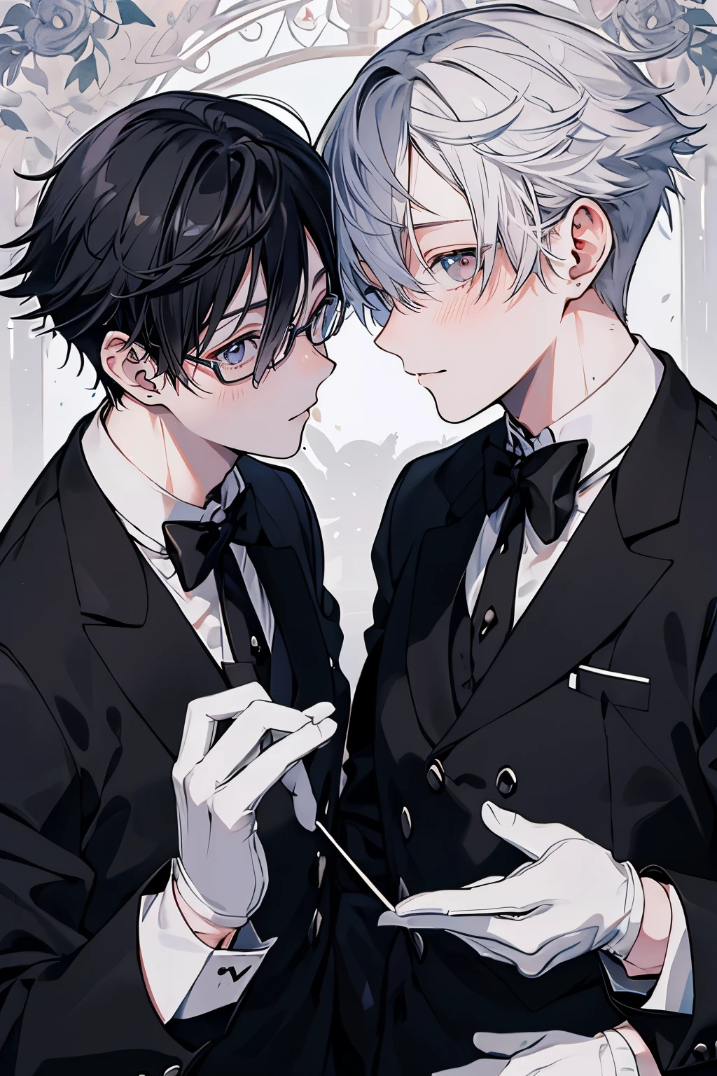 (Mastepiece)、(Best Quality)、Very detailed、((Two intimate butlers:1.5))、Perfect Face、Beautiful Face、Very detailedな顔、(Black-haired man:1.3)、(Grey-haired man:1.3)、Black butler uniform、Glasses、(White gloves:1.3)、Smiling face