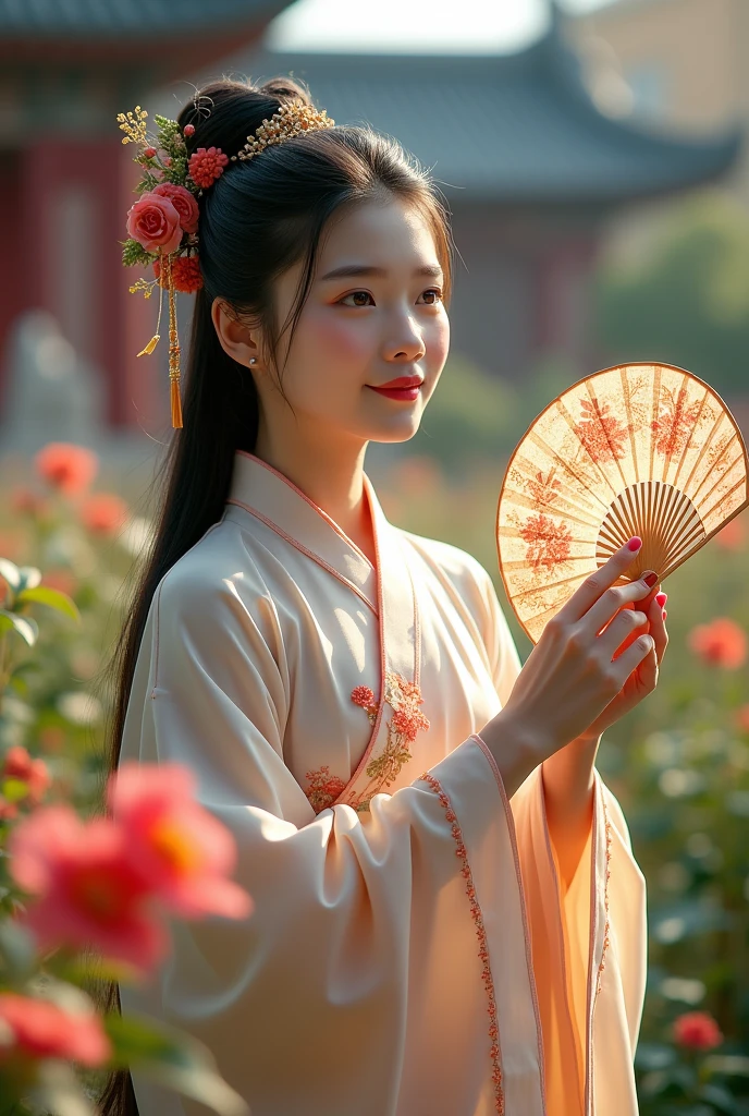 Wearing Han Dynasty palace clothes.Hand-held round fan.Beautiful young woman admiring flowers in the royal garden of the palace. (((closeup portrait,))) (Front diagram:1.4), symmetrical face, Symmetrical eyes, Ultra 8K detailed photos, 8K resolution concept